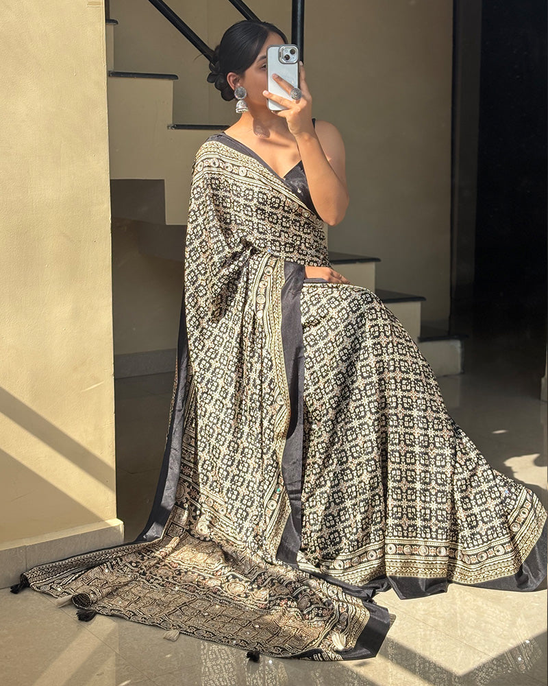 Black Color Pure Crape Silk Ajarakh Print Saree