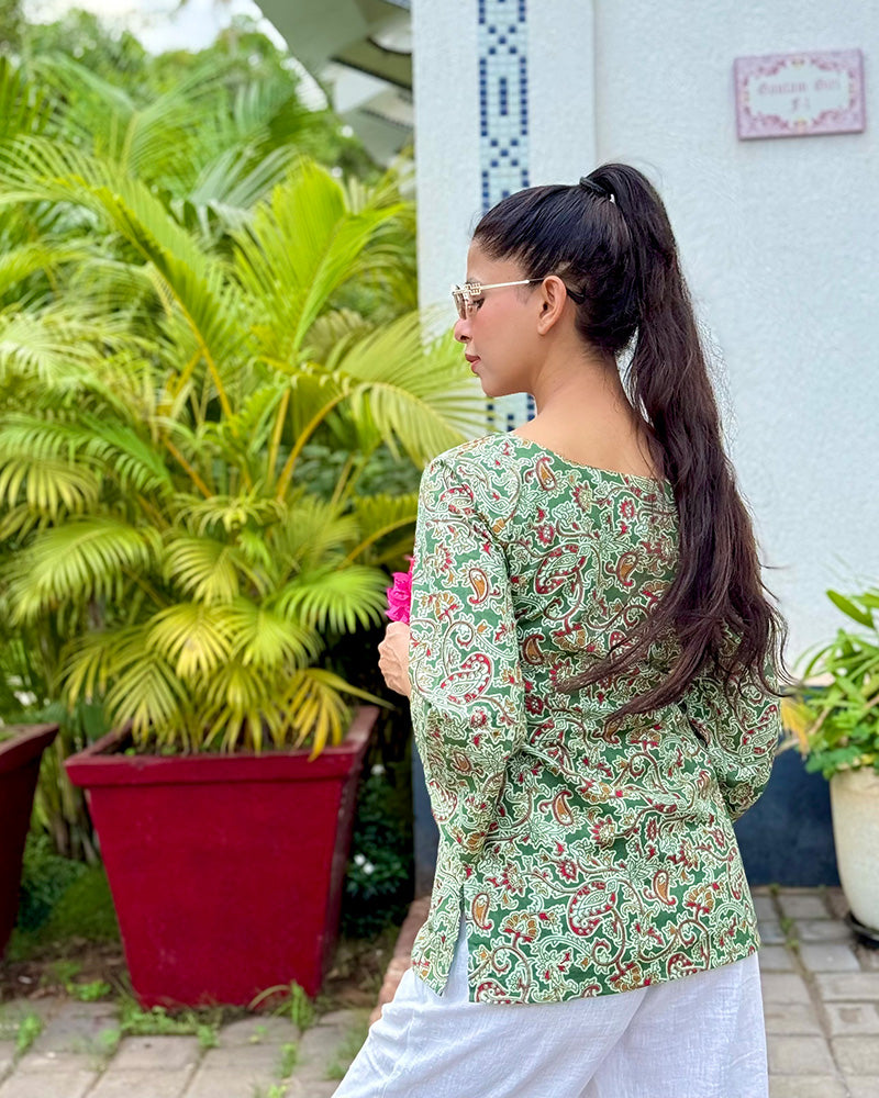 Green Color Pure Cotton Kalamakri Printed Tunic