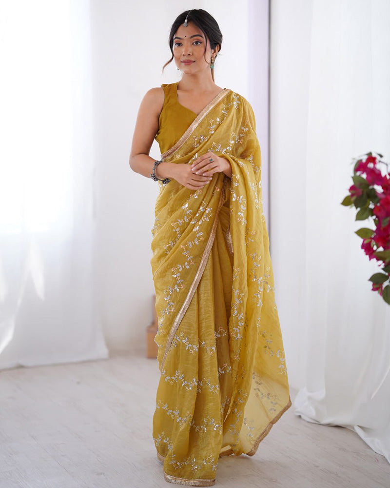 Golden Color Smooth Gold Crush Embroidered Saree
