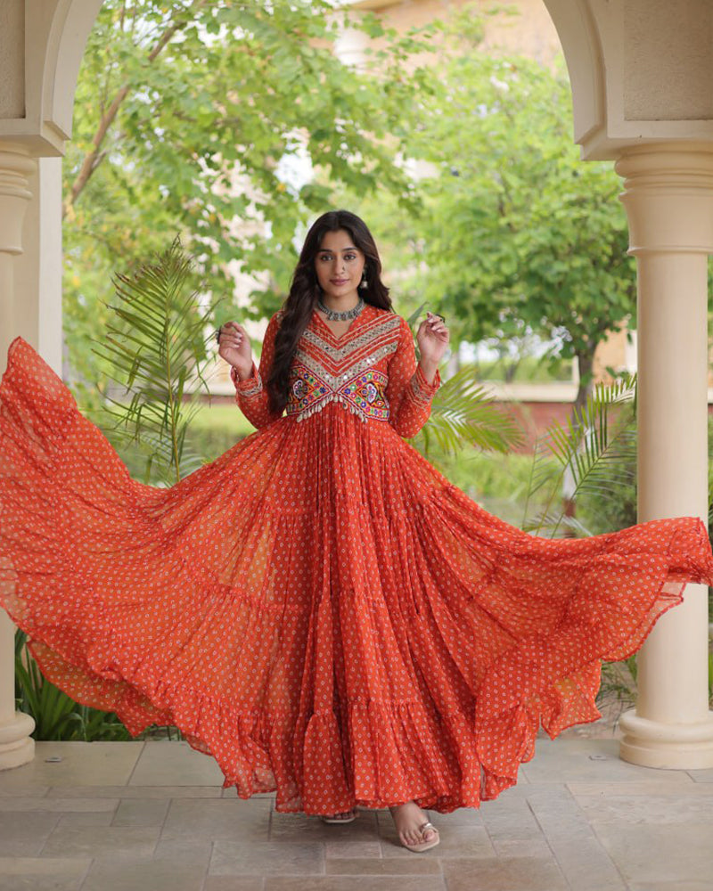 Four Color Georgette Bandhani Printed Navratri Gown