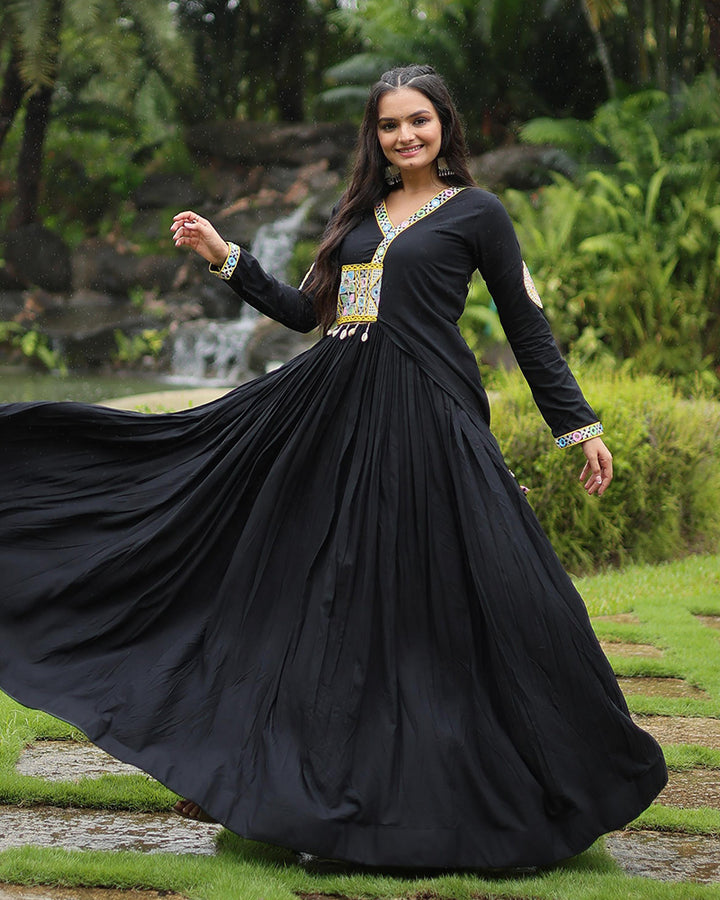 Black Color Rayon Kutchi Style Navratri Gown