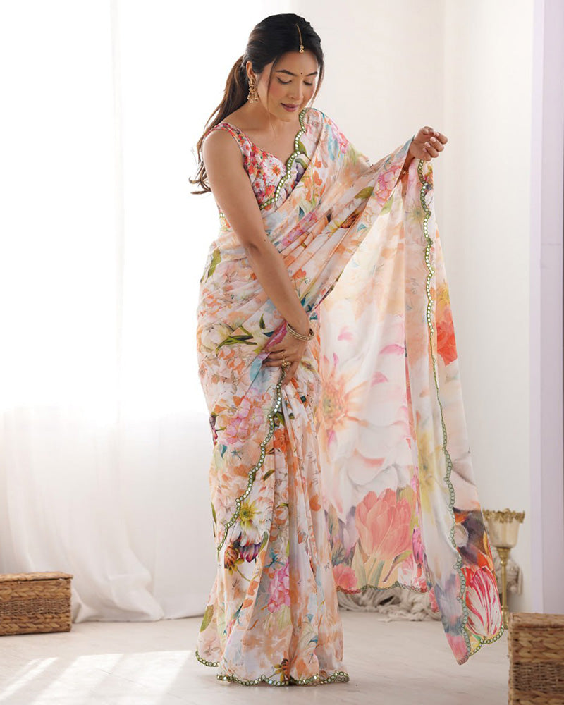 Peach Color Chinnon Silk Saree