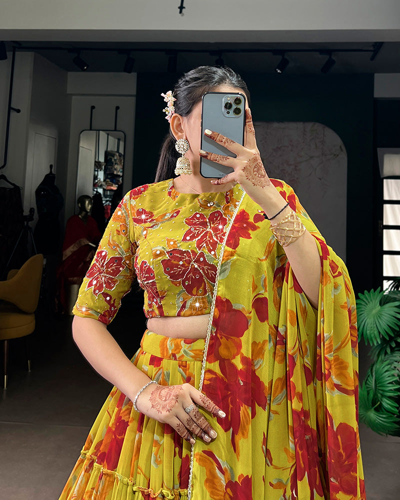 Olive Yellow Color Marble Floral Printed Lehenga Choli