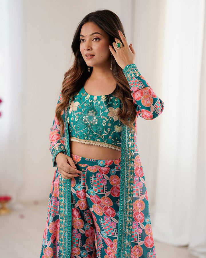Bottle Green Color Muslin Cotton Printed Plazzo Suit