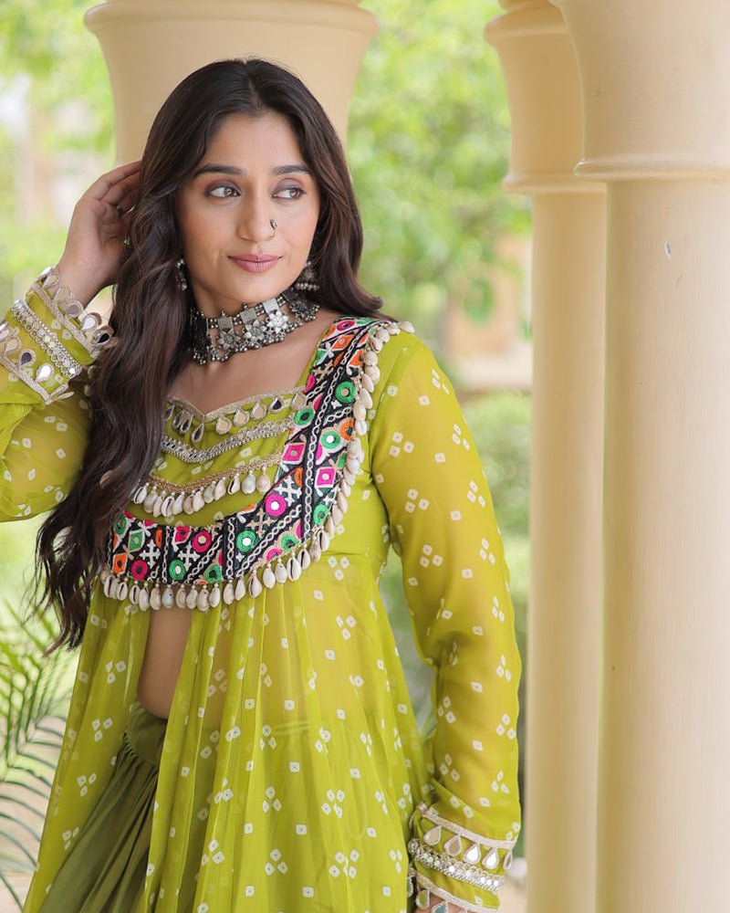 Parrot Green Color Bandhani Printed Kurti With Kora Cotton Lehenga Choli