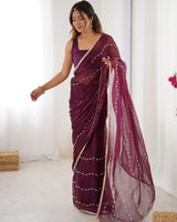 Wine Color Smooth Sitara Embroidered Saree