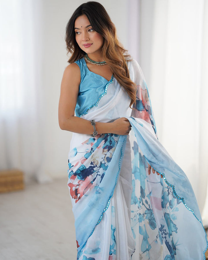 Ocean White Color Chinnon Silk Digital Printed Saree