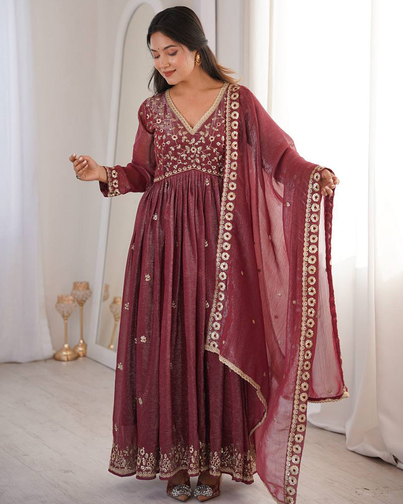 Dusty Maroon Color Crunchy SilkThree Piece Anarkali Suit