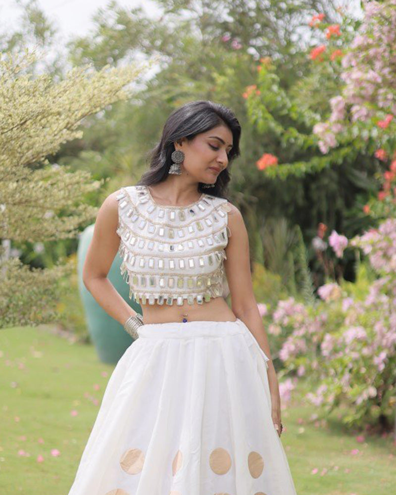 Traditional White Roman Silk Navratri Wear Lehenga Choli