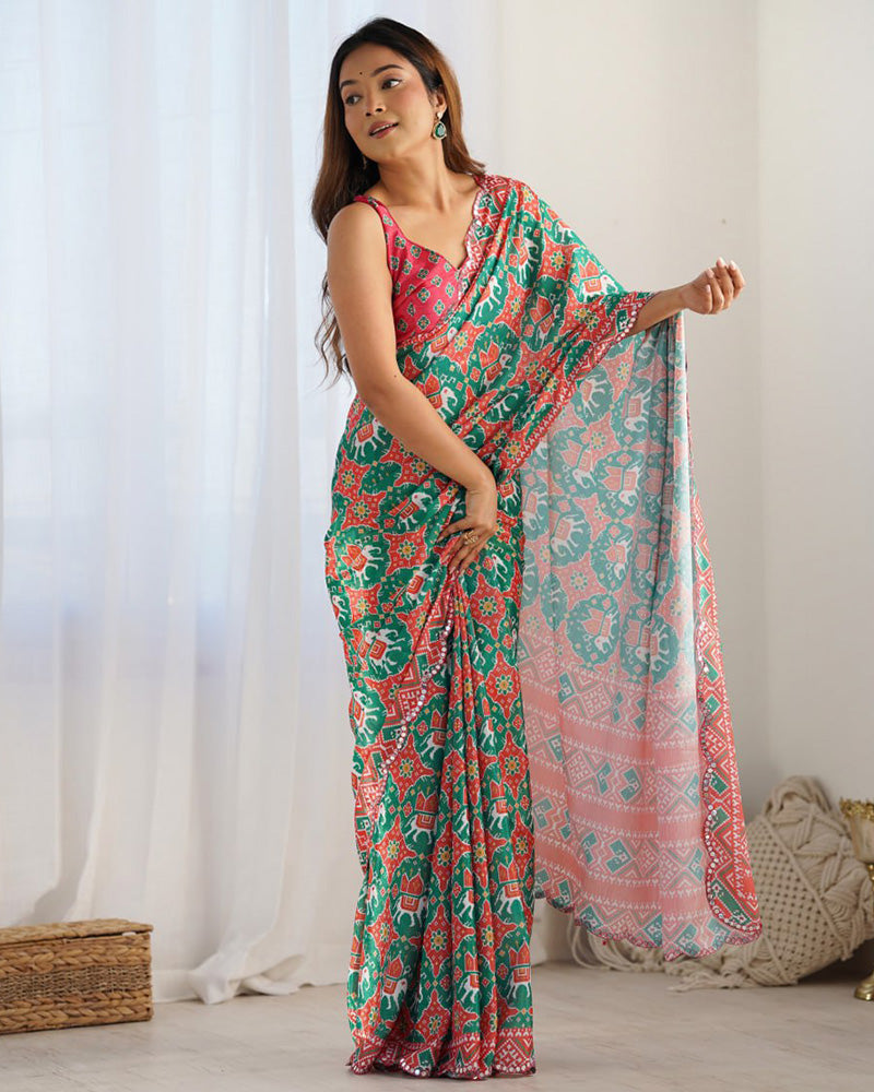 Bottle Green Color Chinnon Silk Saree