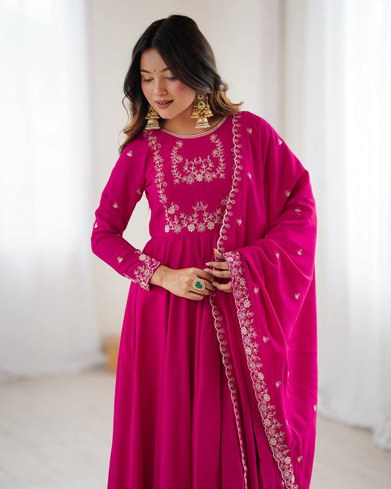 Rani Pink Color Chanderi Silk Three Piece Anarkali Suit