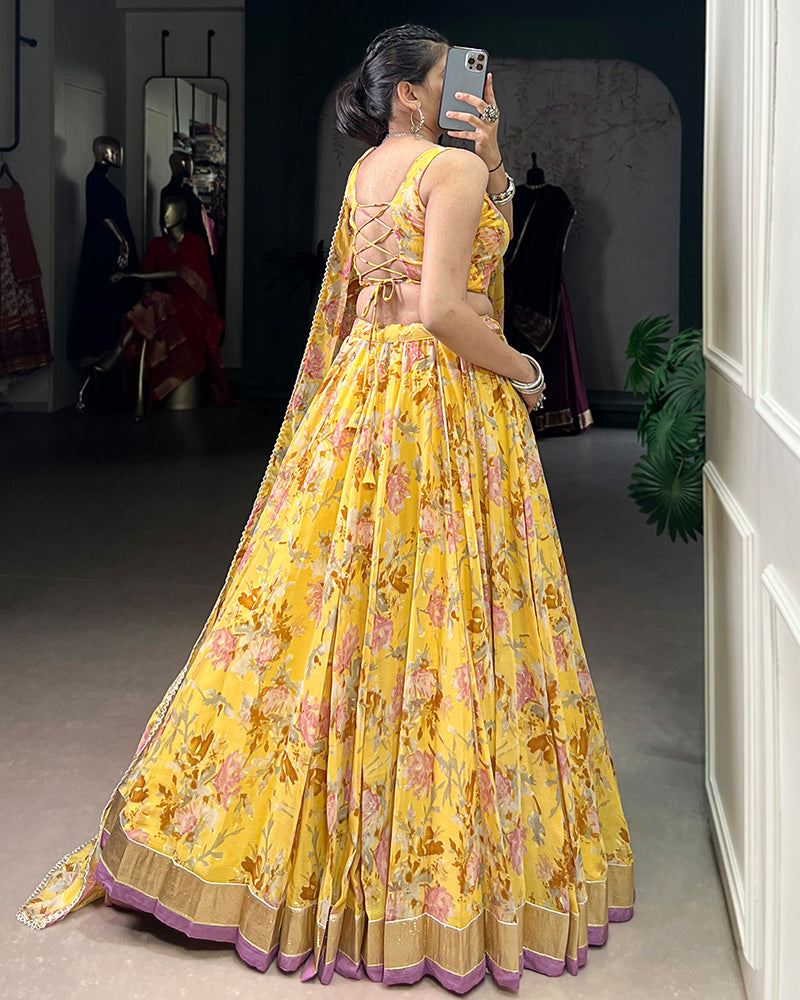 Yellow Color Chiffon Printed Lehenga Choli