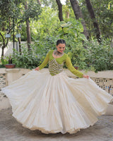 Parrot Green Color Laheriya Print Kurti With Kora Cotton Lehenga