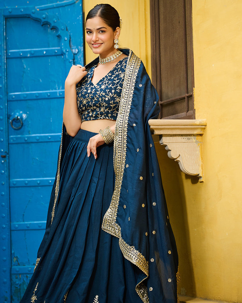 Rama Color Vichitra Silk Thread Embroidered Lehenga Choli