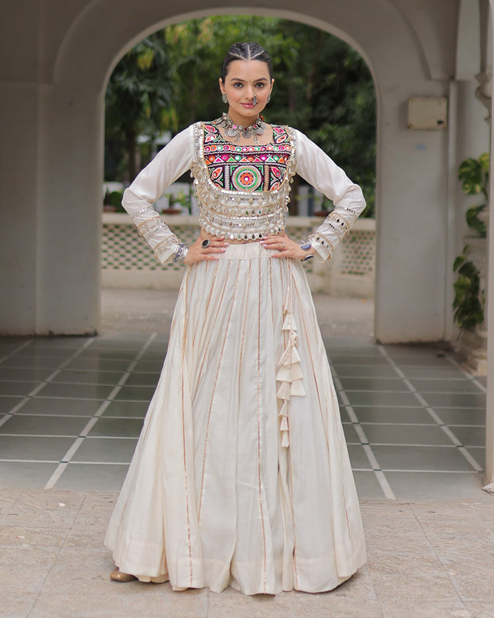 Off-White Color Roman Silk Navratri Lehenga Choli