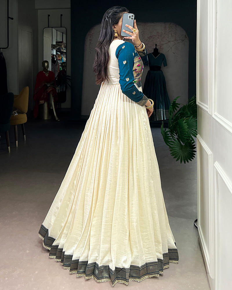 Off-White Color Vichitra Silk Zari Weaving Gown