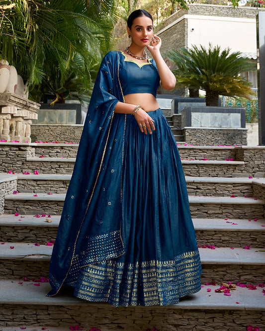 Navy Blue Color Pure Chanderi Plain Navratri Half Saree