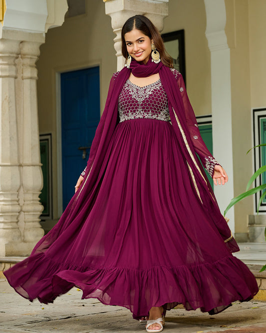 Wine Color Faux Blooming Beads Embroidered Gown