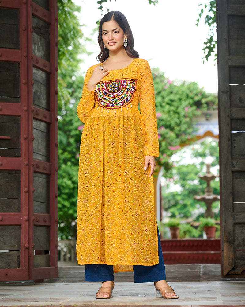 Festive Yellow Georgette Printed Kurti With Gamthi Patchwork