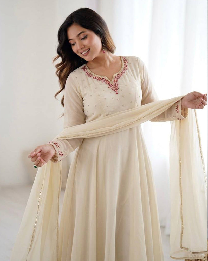 Off  White Color Faux Georgette Elegant Gown