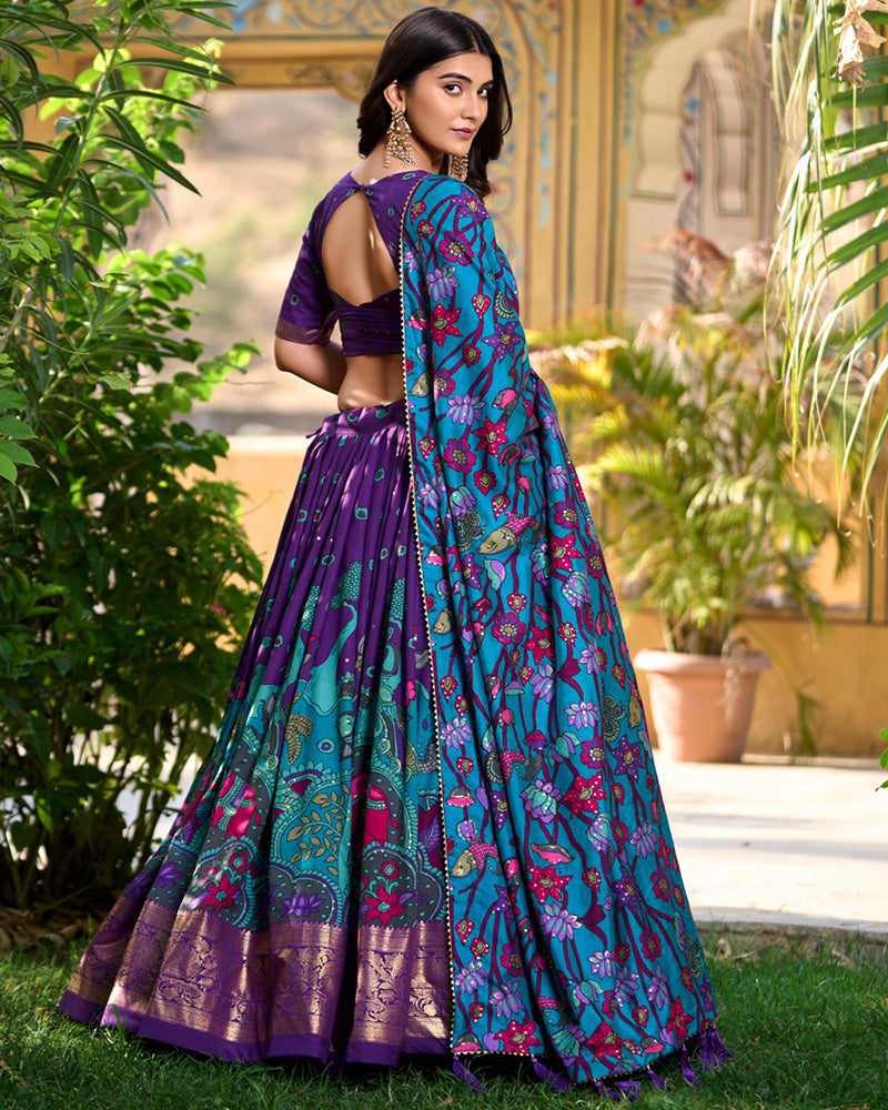 Purple Color Tussar Silk Kalamkari Printed Navratri Lehenga Choli