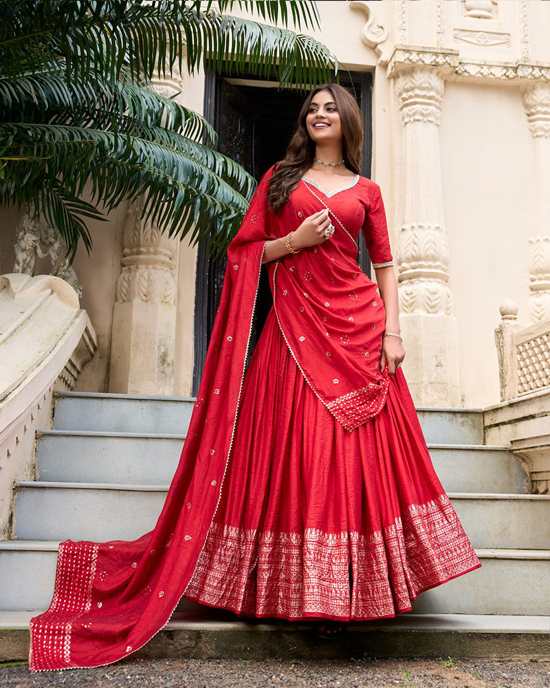 Red Color Pure Chanderi Plain Navratri Half Saree