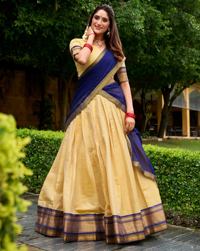 Traditional Navy Blue Color Kanchipuram Zari Weaving Half Saree