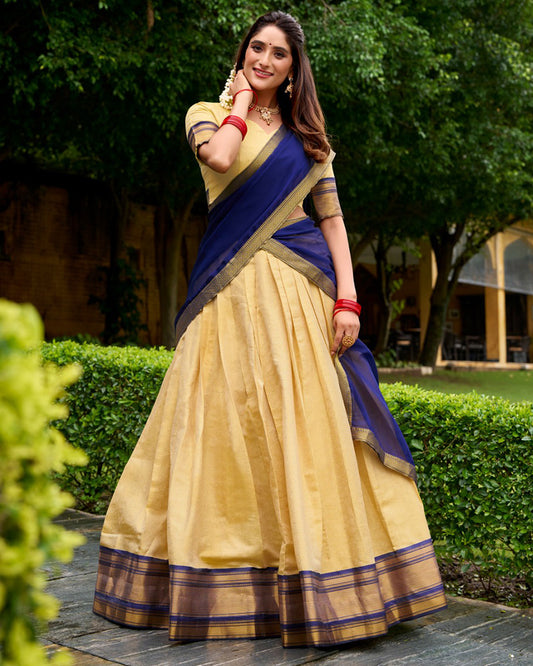 Traditional Navy Blue Color Kanchipuram Zari Weaving Half Saree