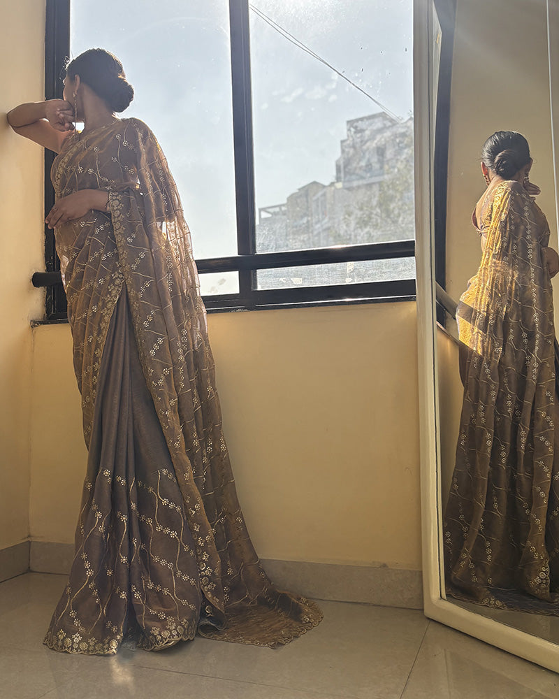 Luvender Color Space Silk Embroidered Saree