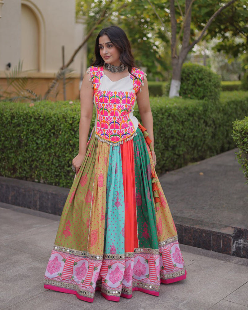 Multi Color Cotton Printed Mirror Work Navratri Lehenga Choli