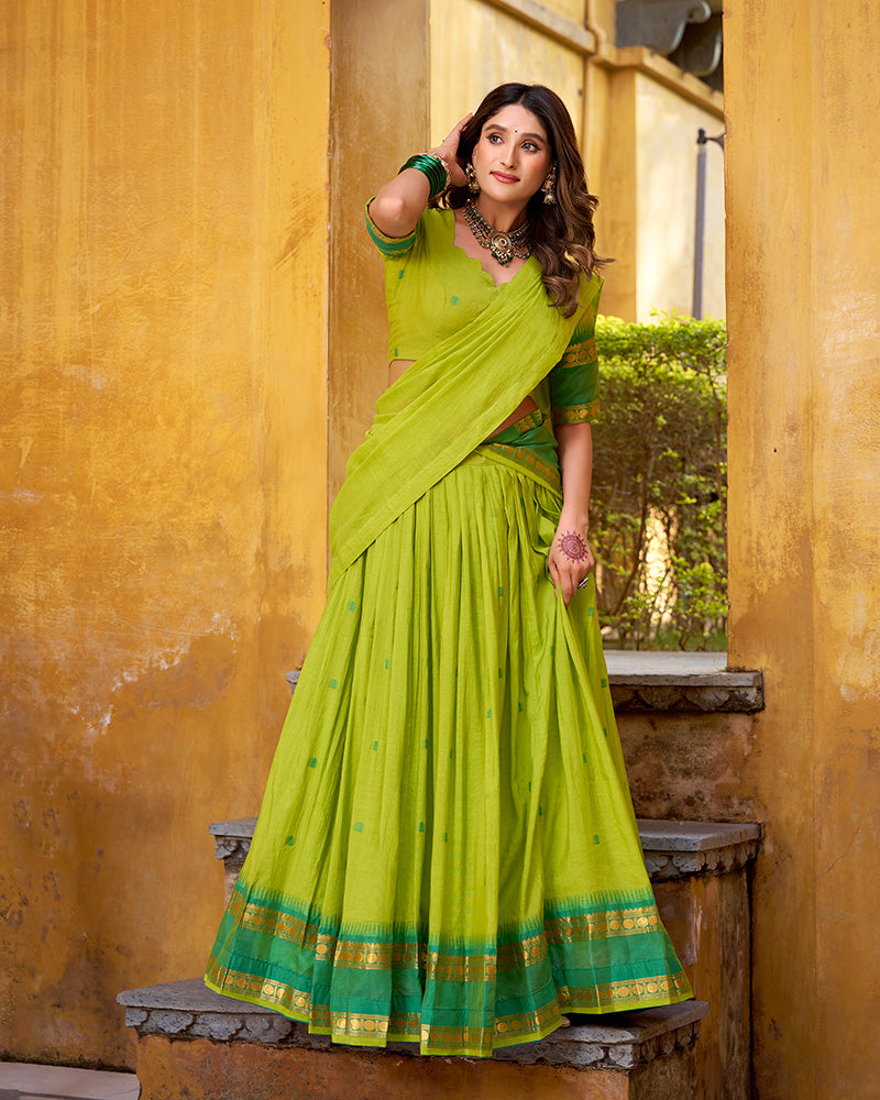 Elegant Parrot Green Chanderi cotton half saree lehenga choli