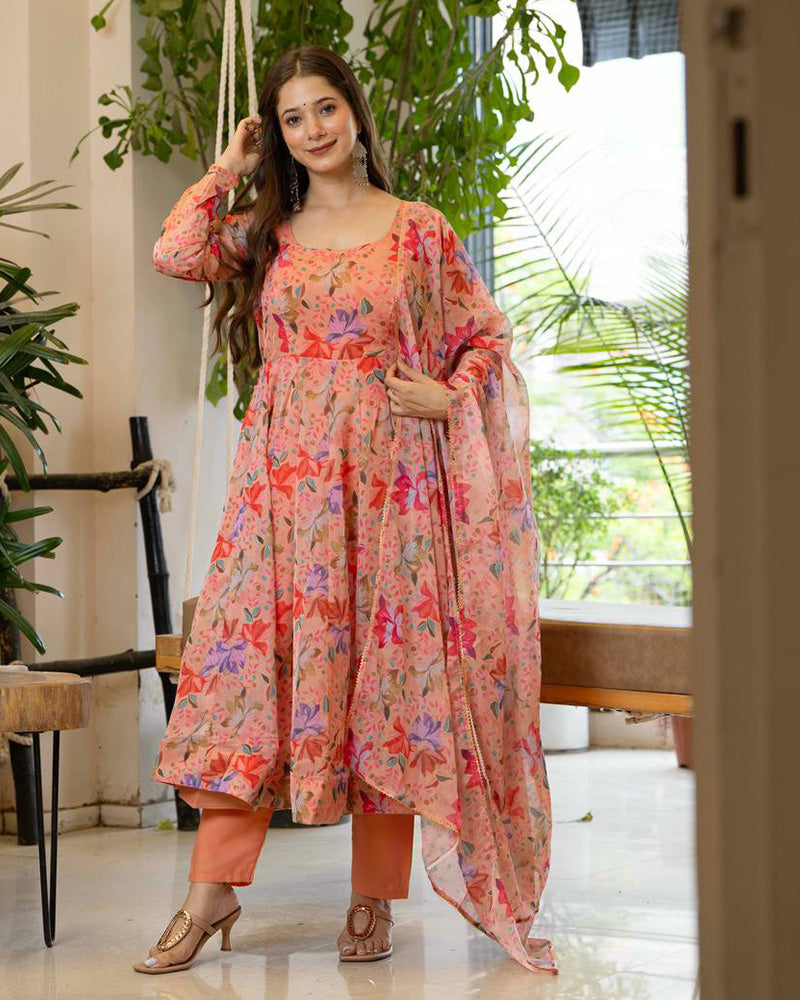 Peach Color Digital Printed Organza Anarkali Suit