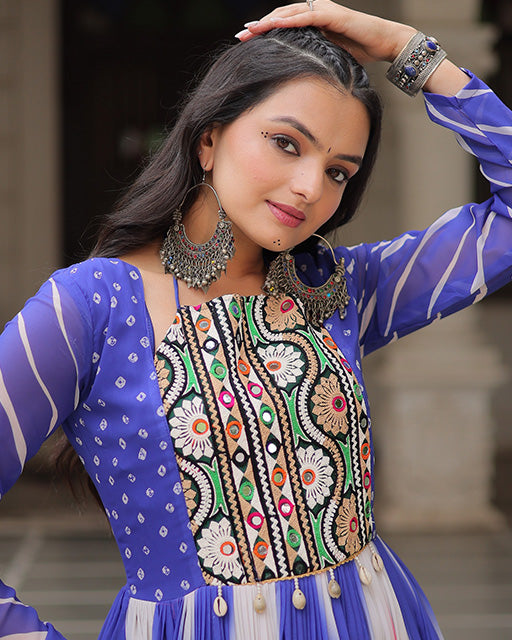 Blue Color Faux Georgette Bandhej Print Navratri Gown