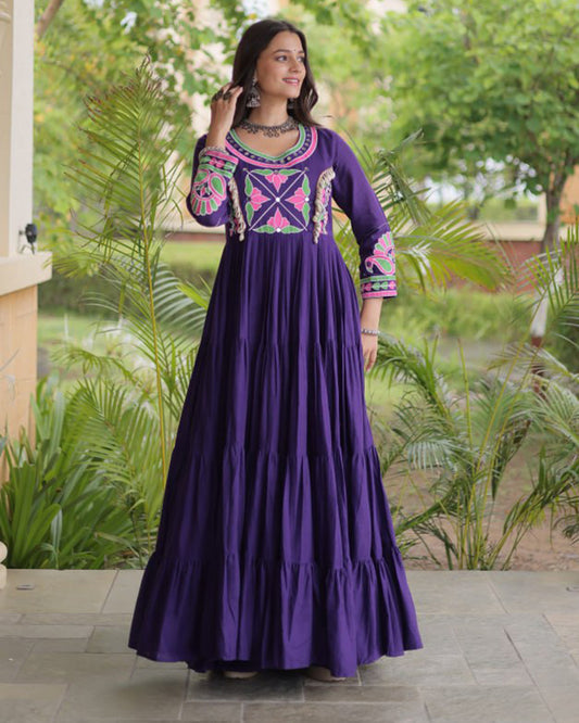 Two Color Kora Cotton with Multi Thread Embroidered Navratri Gown