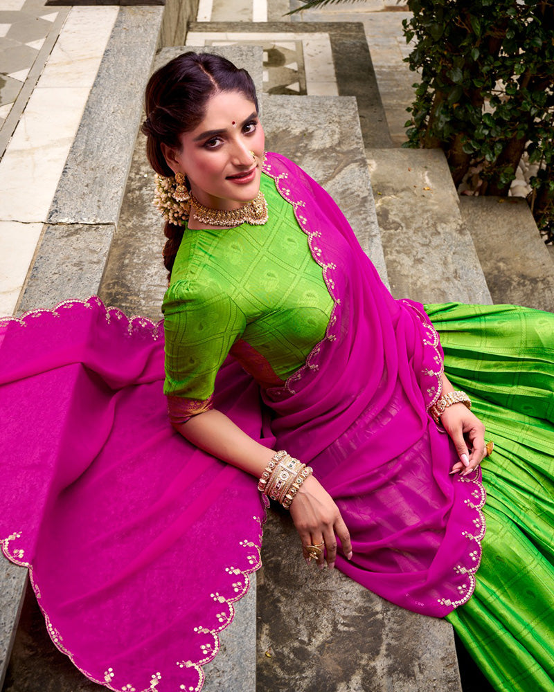 Parrot Green Color Poly Cotton Half Saree