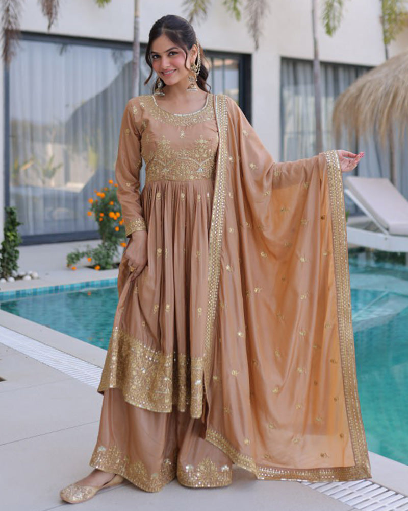 Chikoo Color Super Silk Embroidered Sharara Suit
