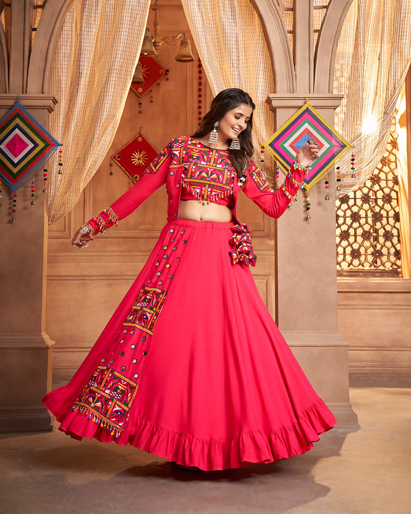 Rani Pink Color Viscose Rayon Threaded Fully Stitched Navratri Lehenga Choli