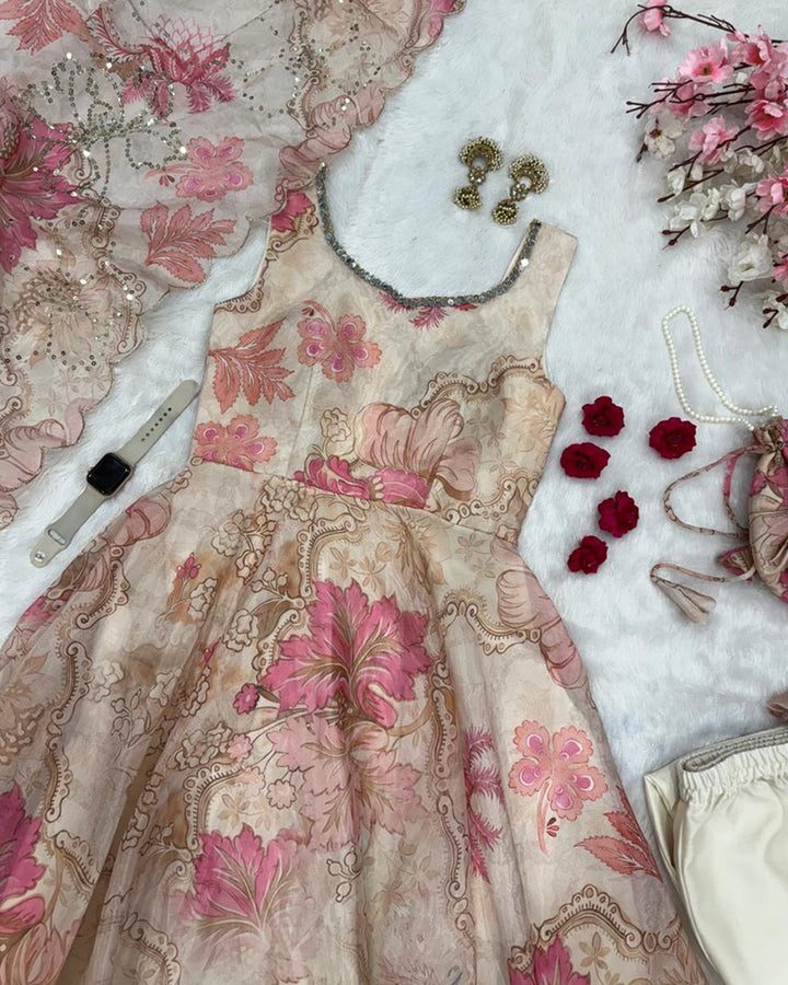 Off-White Color Digital Printed Soft Organza Anarkali Suit