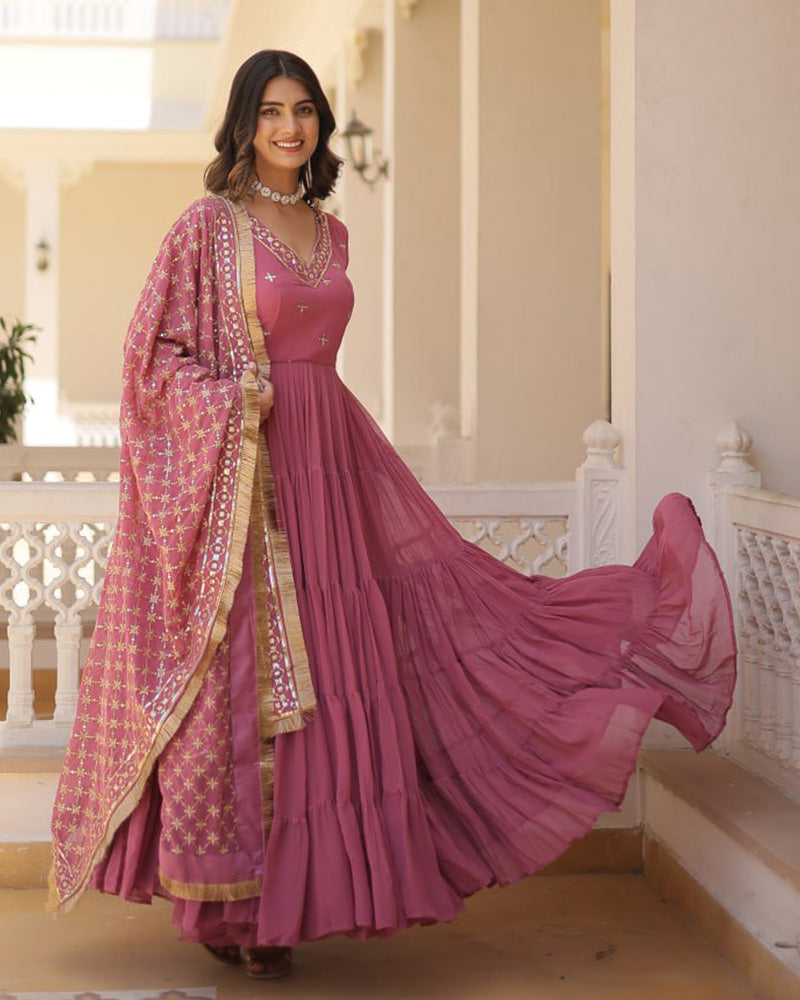 Onion Color Faux Georgette Designer Anarkali Gown With Dupatta