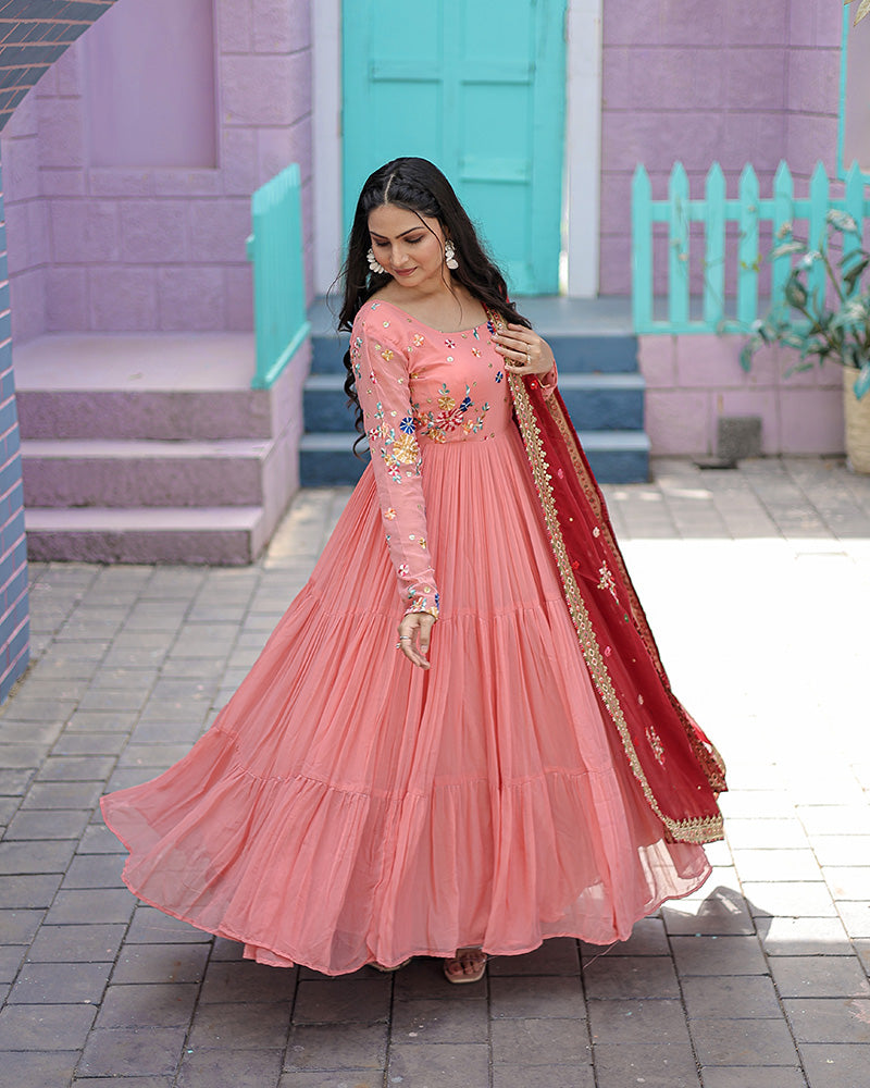 Peach Color Faux Georgette Designer Gown With Dupatta