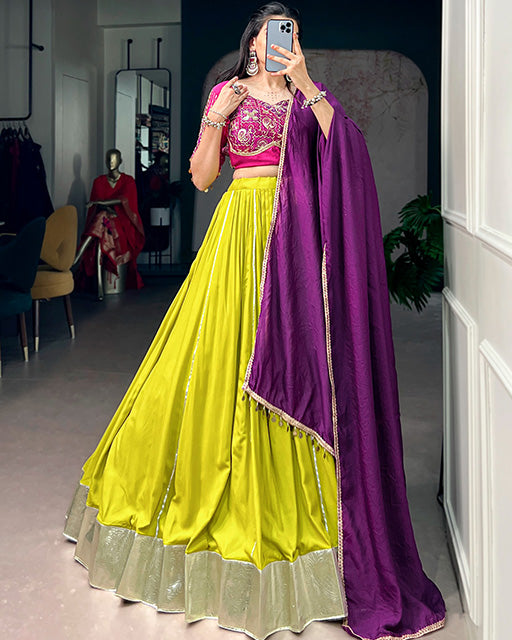 Neon Yellow Color Rayon Navratri Lehenga Choli