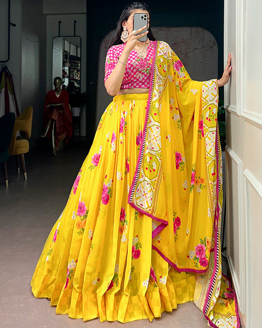 Yellow Color Floral Printed Georgette Lehenga Choli