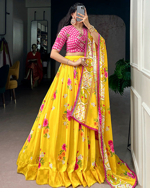 Yellow Color Floral Printed Georgette Lehenga Choli