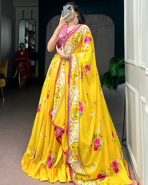 Yellow Color Floral Printed Georgette Lehenga Choli