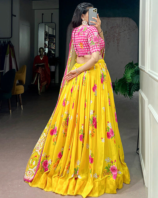 Yellow Color Floral Printed Georgette Lehenga Choli