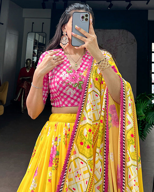 Yellow Color Floral Printed Georgette Lehenga Choli