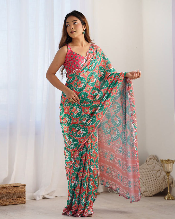 Bottle Green Color Chinnon Silk Saree