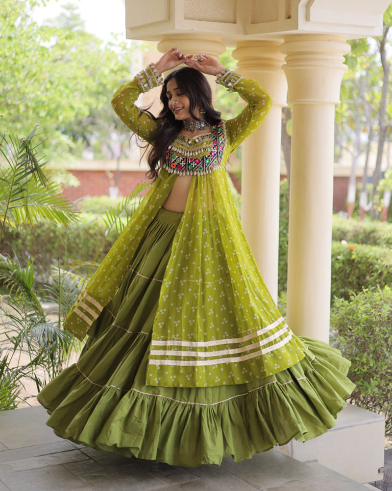 Parrot Green Color Bandhani Printed Kurti With Kora Cotton Lehenga Choli