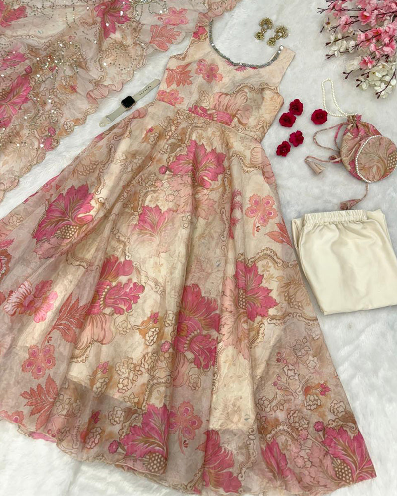 Off-White Color Digital Printed Soft Organza Anarkali Suit