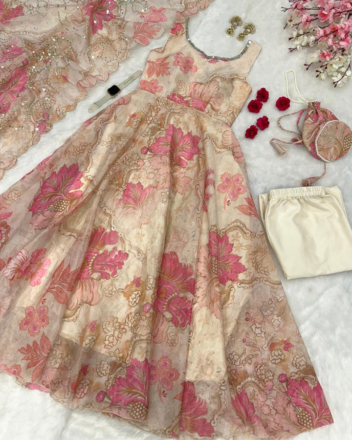 Off-White Color Digital Printed Soft Organza Anarkali Suit